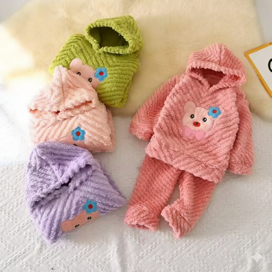 Kids Fuzzy Bear Winter Night Suit- Baby Pink