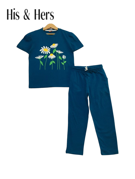 White Flowers Royal Blue T-Shirt &Trousers Girls