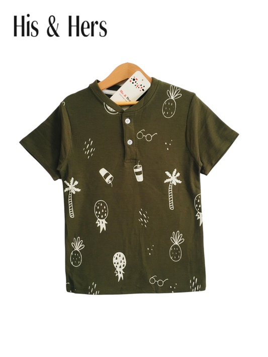 Pineapple Print Olive Green Henly Polo Shirt Boys 213