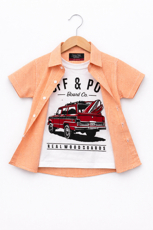 Orange Check Car Printed Double Casual Shirt Boys
