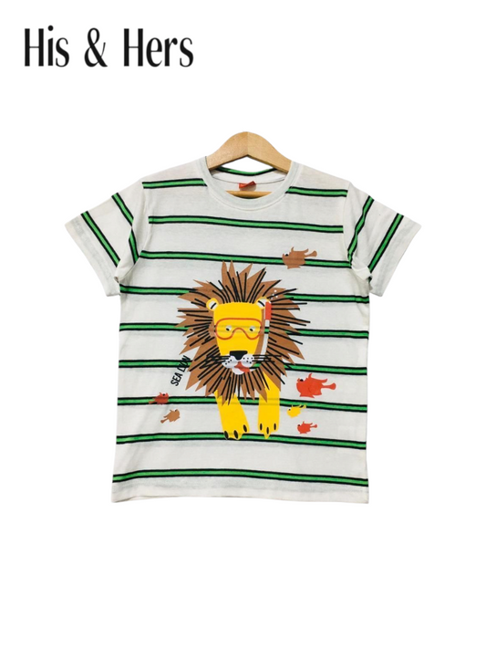 Lion Print Green & White Stripped T-Shirt Boys 449