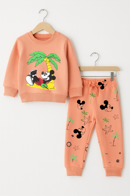 Peach Kids Tracksuit – Fun Palm Tree & Mickey Mouse Print 227