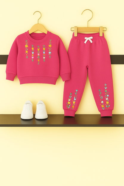 Pink Floral Embroidered Girls Tracksuit