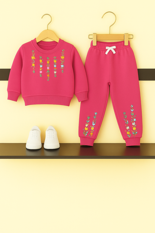 Pink Floral Embroidered Girls Tracksuit