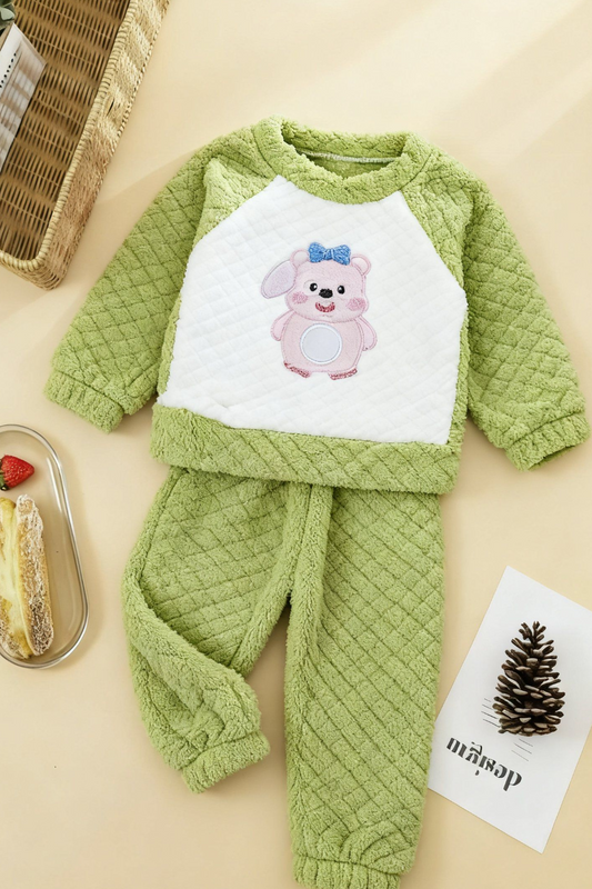 Girls’ Warm Coral Fleece Teddy Night Suit - Green