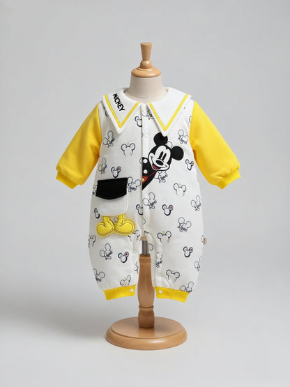 Mickey Print Quilted Bodysuit – Yellow Sleeves &  Black Trim