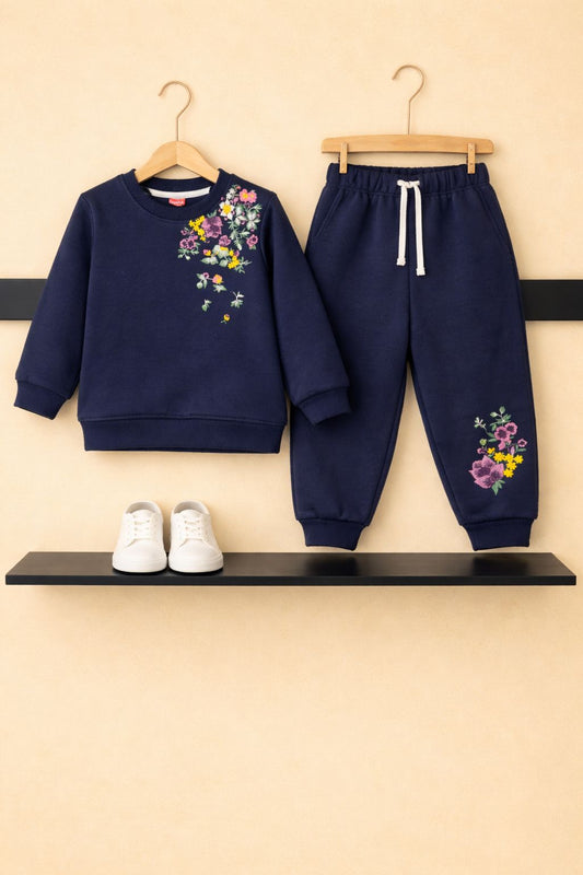 Girls Floral Embroidery Navy Winter Tracksuit 504