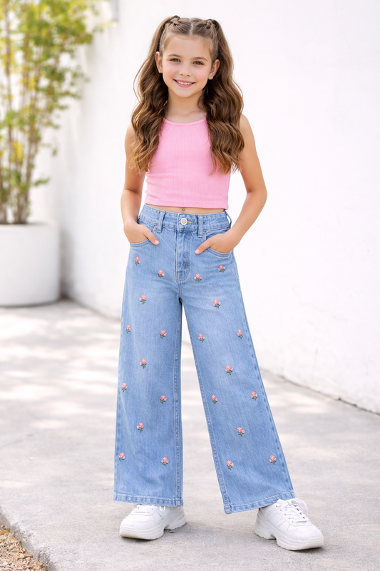 Kids Flowers Allover Embroidered Flapper Jeans – L Blue