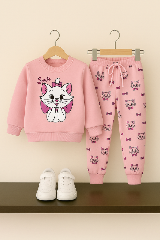 Pink Cat Print Fleece Tracksuit for Girls 409