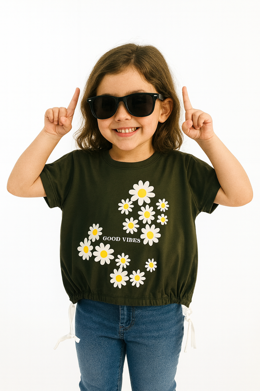 White  Flowers Green T-Shirt Girls 243