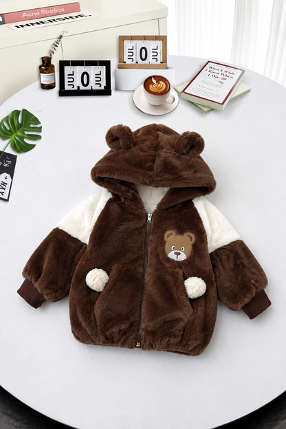 Kids Teddy Plush Hooded Jacket – Chocolate Brown 107