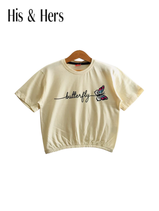 Butterflies Cream  T-Shirt Short Length Girls 219