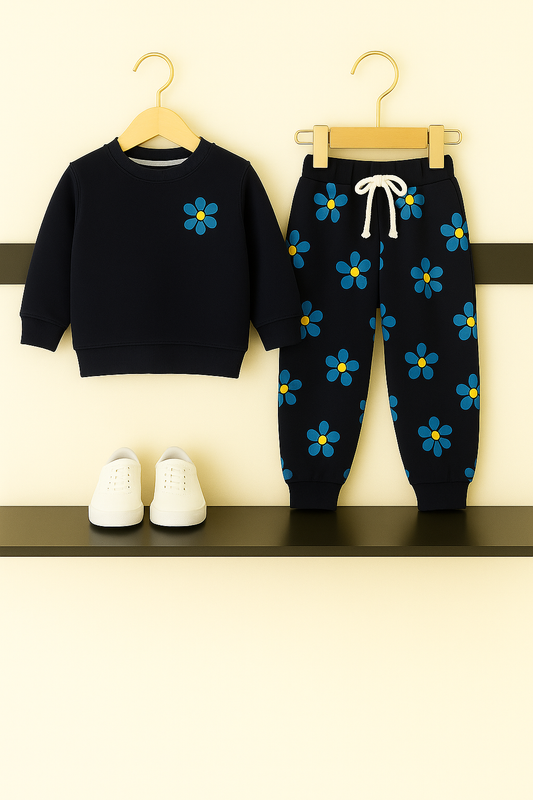 Girls Navy Floral Printed Fleece Tracksuit 🌼 413