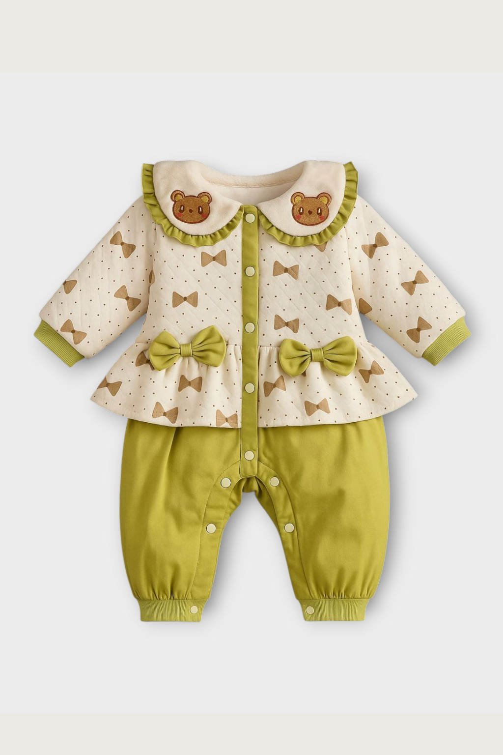 Sweet Bear Bow Baby Romper – Olive Green & Cream