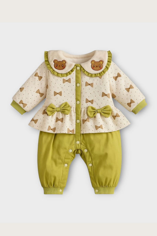 Sweet Bear Bow Baby Romper – Olive Green & Cream