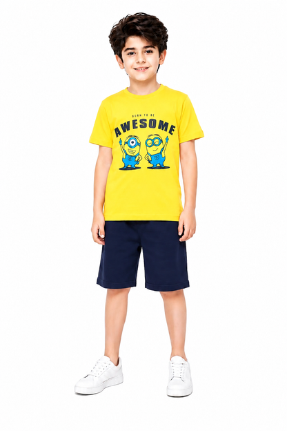 Awesome Vibes Cartoon Printed Yellow Boys Nicker Suit 714