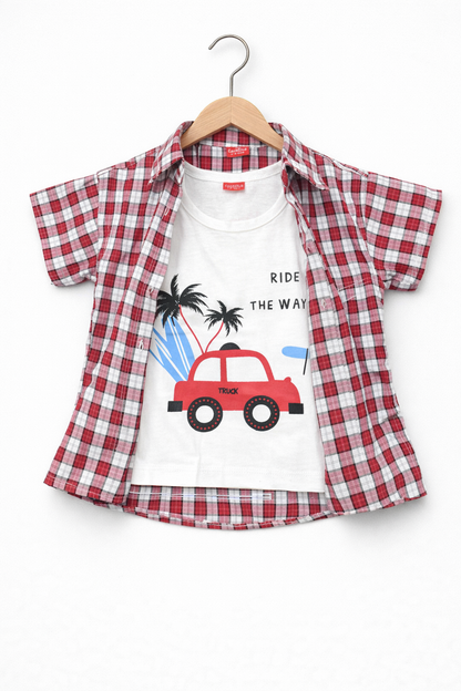 Red Check Car Printed Double Casual Shirt 608