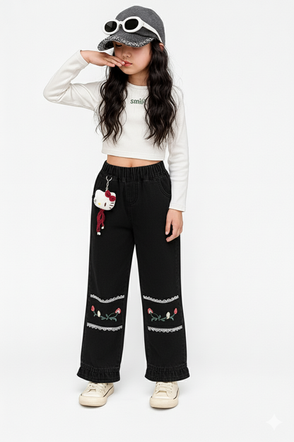 Black Floral Lace Detail Denim Pants for Girls 271