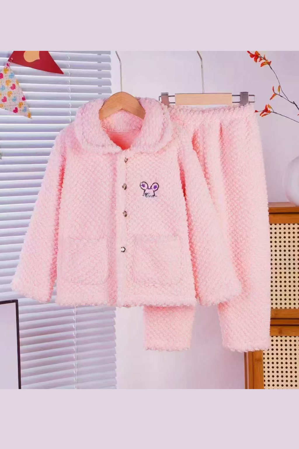 Baby Pink Coral Fleece Winter Night Suit for Girls – Soft & Warm Two-Piece Lounge Set