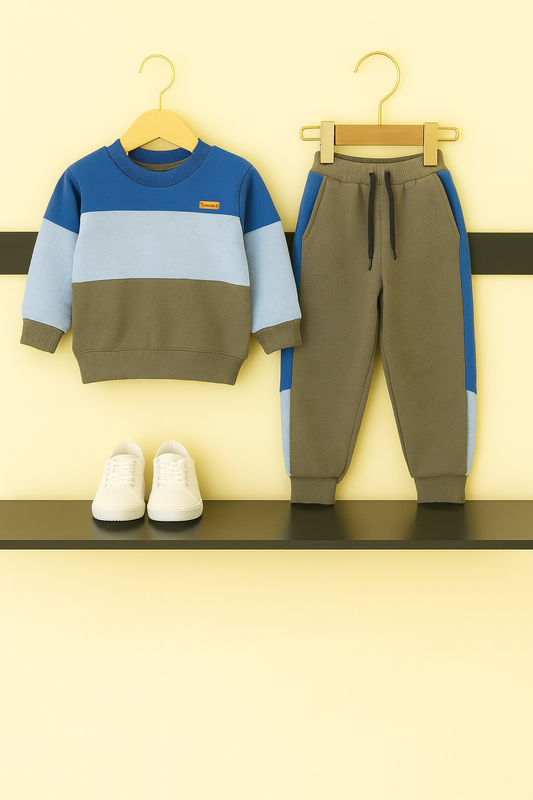 Color Block Sweatshirt & Jogger Set – Blue & Olive Green Boys’ Outfit 232
