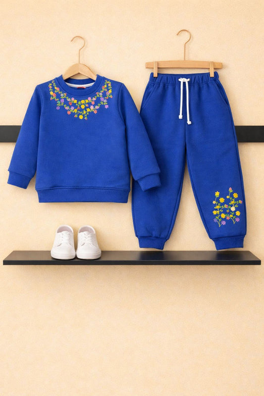 Girls Floral Embroidery Blue Winter Tracksuit 509