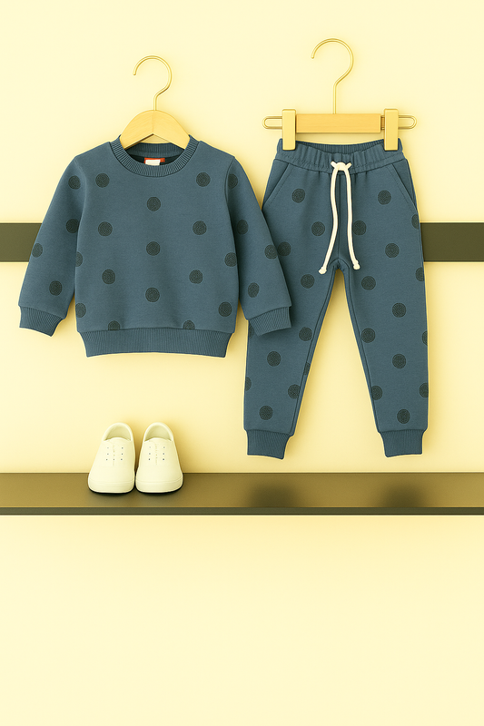Navy Blue Polkadot Allover Print Tracksuit Boys
