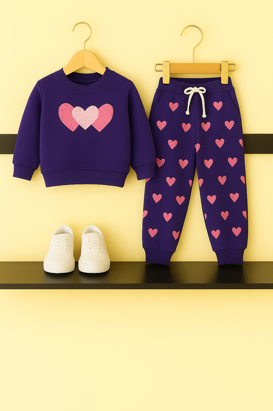 Purple Girls Tracksuit – Pink Heart Allover Print 423