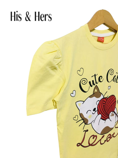Cute Cat Kid's Yellow T-Shirt & Cotton Flapper Girls 121