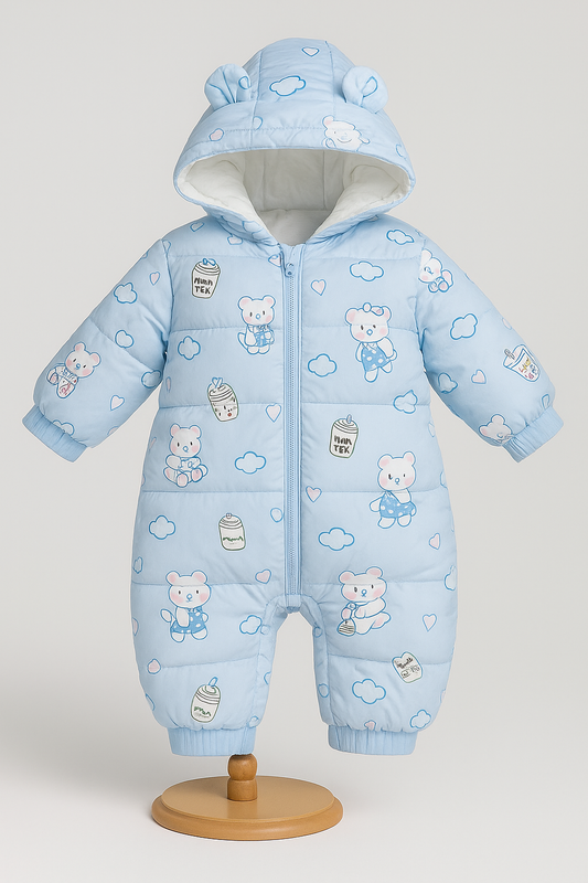 Sweet Bear Baby Winter Romper – Soft Blue Quilted Snowsuit