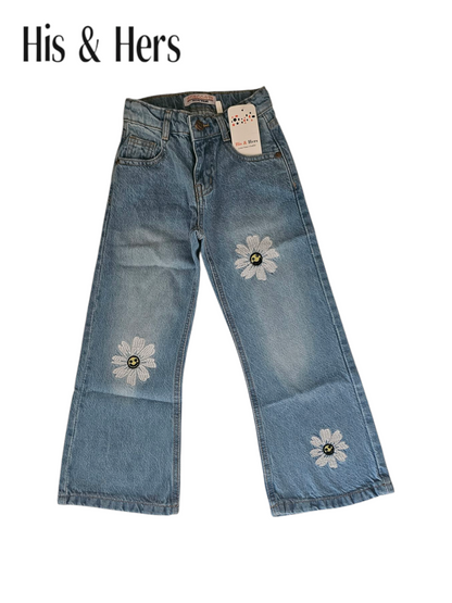 Three White Flowers Embroidered Light Blue Denim Flapper Pants Girls 269