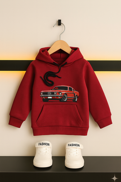 Boys Cartoon Car Print Hoodie- Red 280