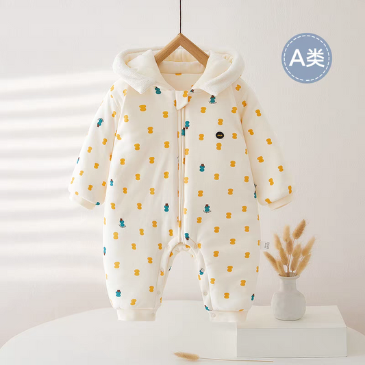 Warm Hooded Baby Romper – Soft Cotton Fleece with Cute Bear Print