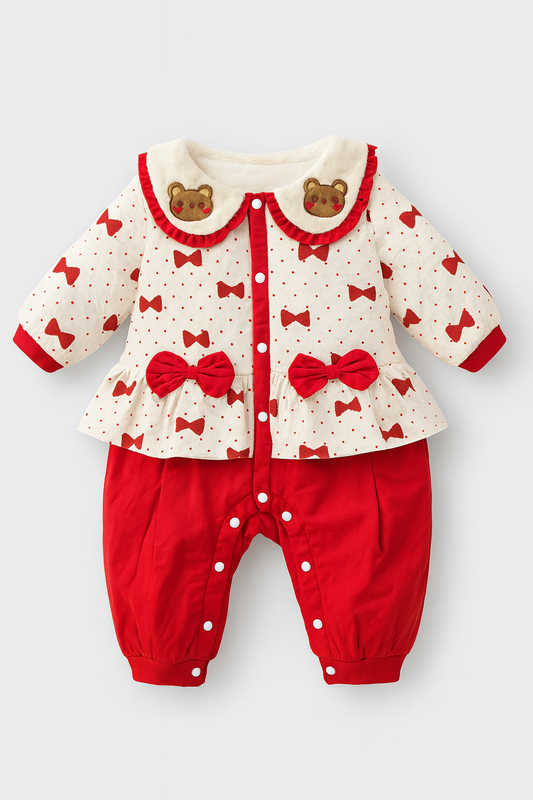 Sweet Bear Bow Baby Romper – Cherry Red & Cream