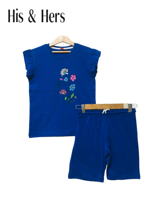 Multiflower Print Blue Nicker Suit Girls