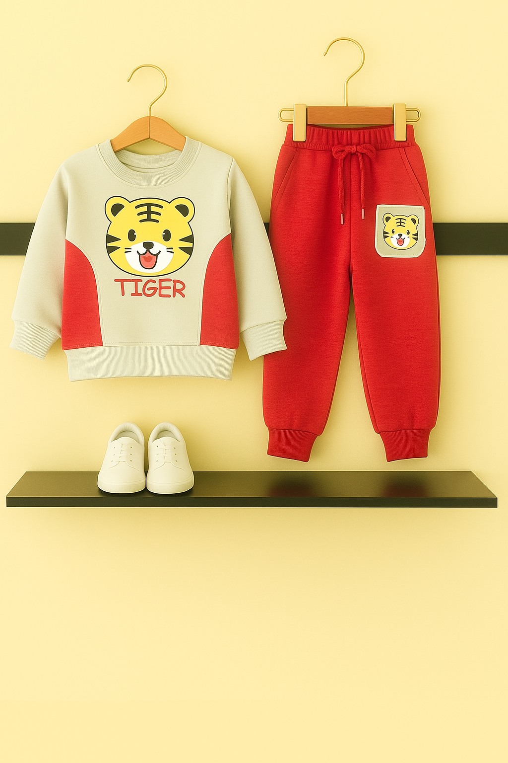 Cute Tiger Fleece Tracksuit – Red & Cream