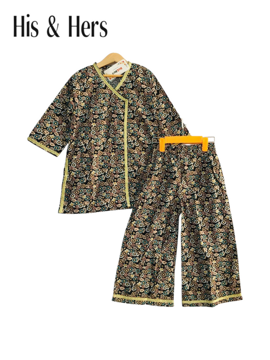 Girls' Floral Black Traditional Suit – 2-Piece Cotton Set 238