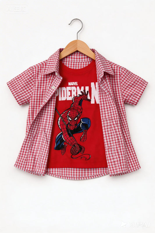 Red Check Spiderman Printed Double Casual Shirt Boys
