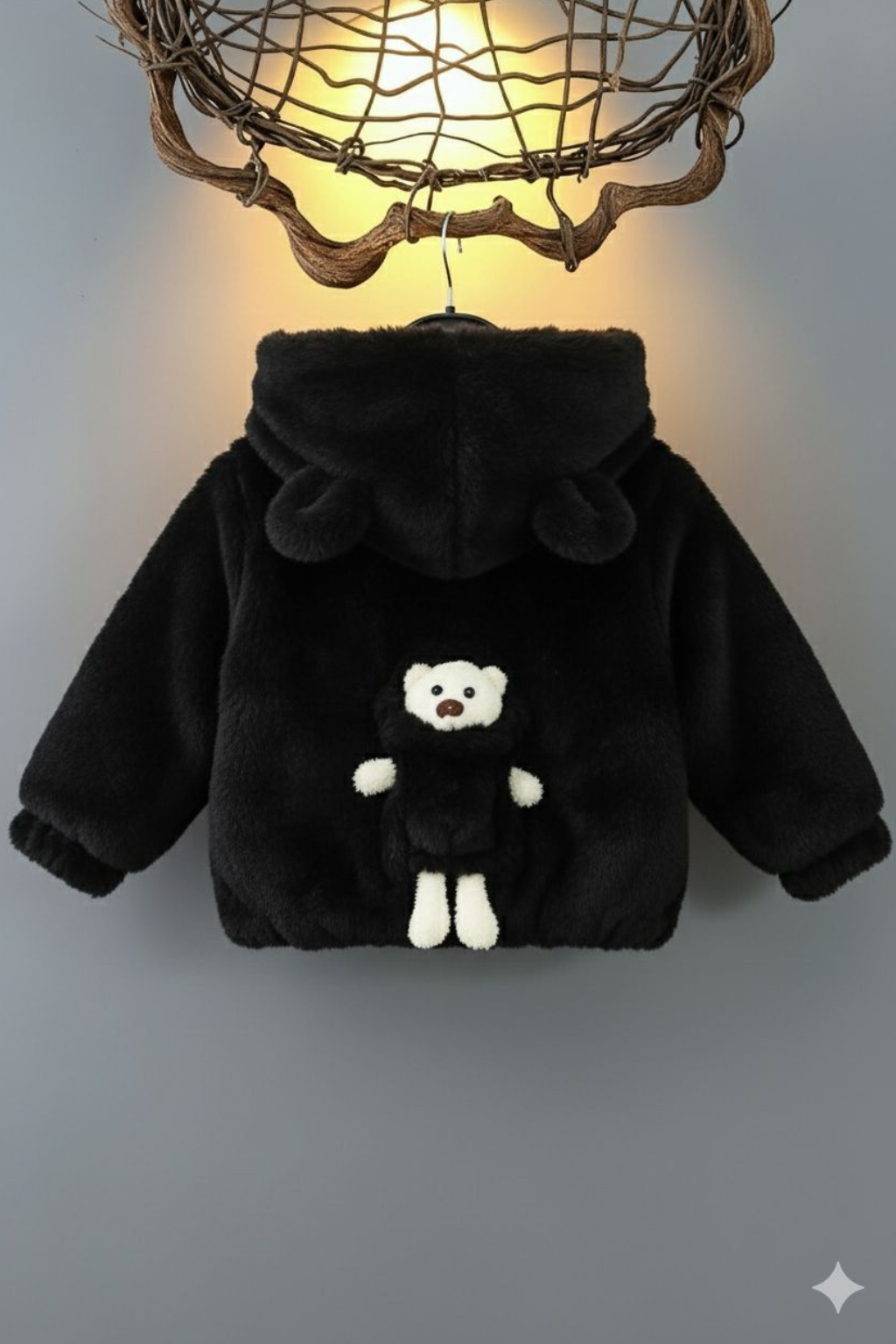 Teddy Bear Plush Hoodie Jacket – Black