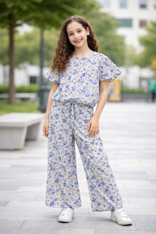 Purple Flowers Allover Print Cotten Girls Co-Ord Set 239