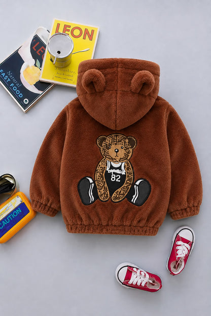 Teddy Bear Patch Plush Hooded Jacket – Burnt Orange