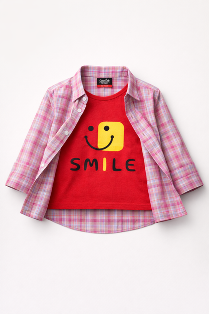 SMILE Emoji Double Casual Shirt-Pink Check 301