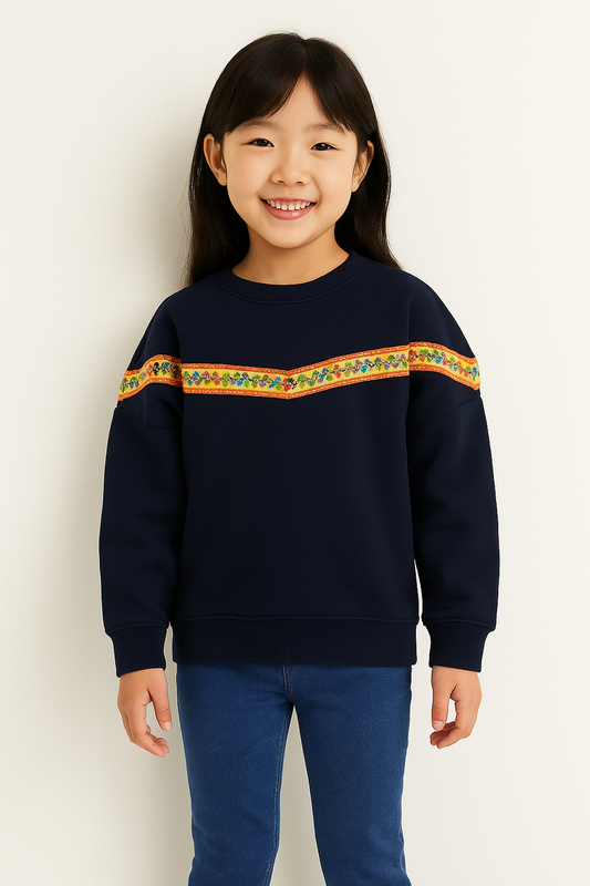 Navy Blue Floral Trim Kids Sweatshirt 122