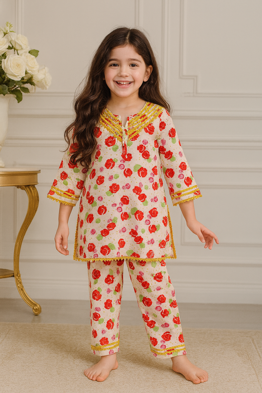 Floral Printed Cotton Suit for Girls – Red & Yellow Accent 440