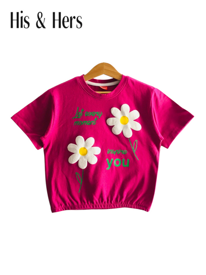 Two White Flowers Shocking Pink T-Shirt Short Length Girls 238