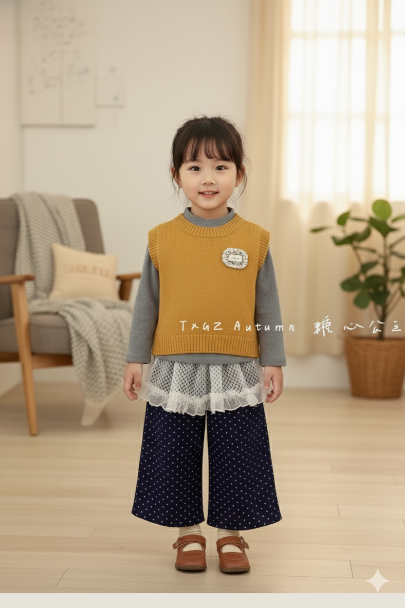 3-Piece Set – Mustard Knit Vest, Grey Top & Polka Dot Lace Pants