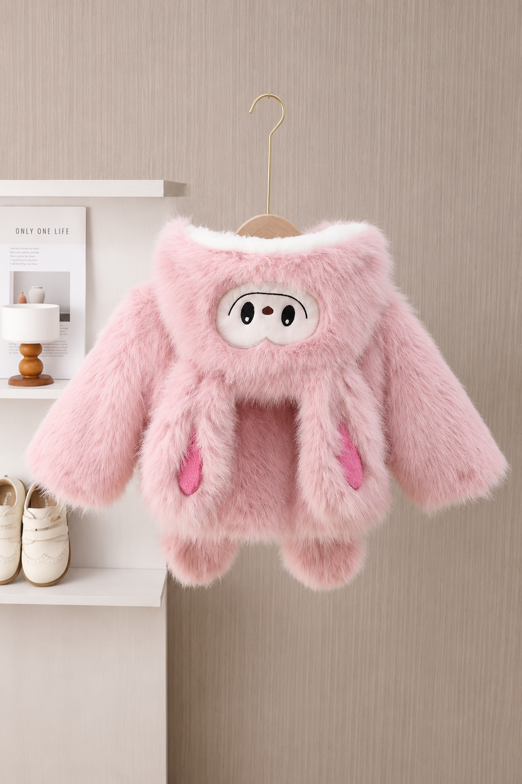 Girls Bunny Ear Fur Hooded Jacket – Pink 929