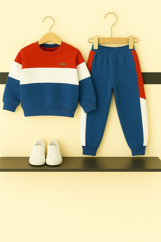 Color Block Sweatshirt & Jogger Set – Red , White, Blue 455