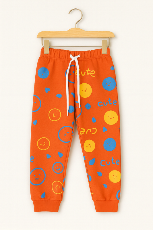 Smiley Cute Printed Joggers – Bright Orange 🧡😊
