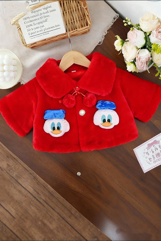 Fluffy Red Winter Cape for Baby Girls – 3D Duckling