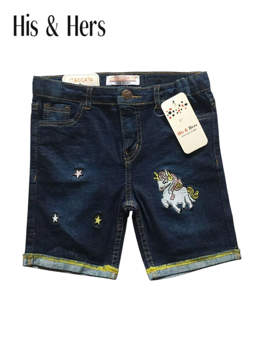 Unicorn Embroidery Dark Blue Denim Shorts Girls 120